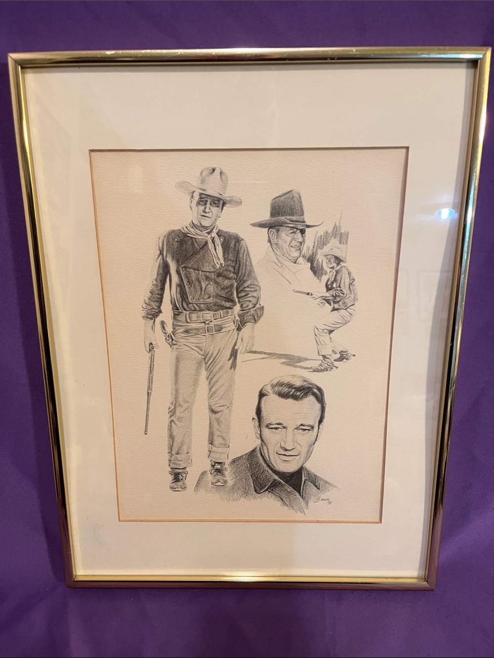 Framed signed B N W Western Pencil Drawing Classic Portrait of John Wayne